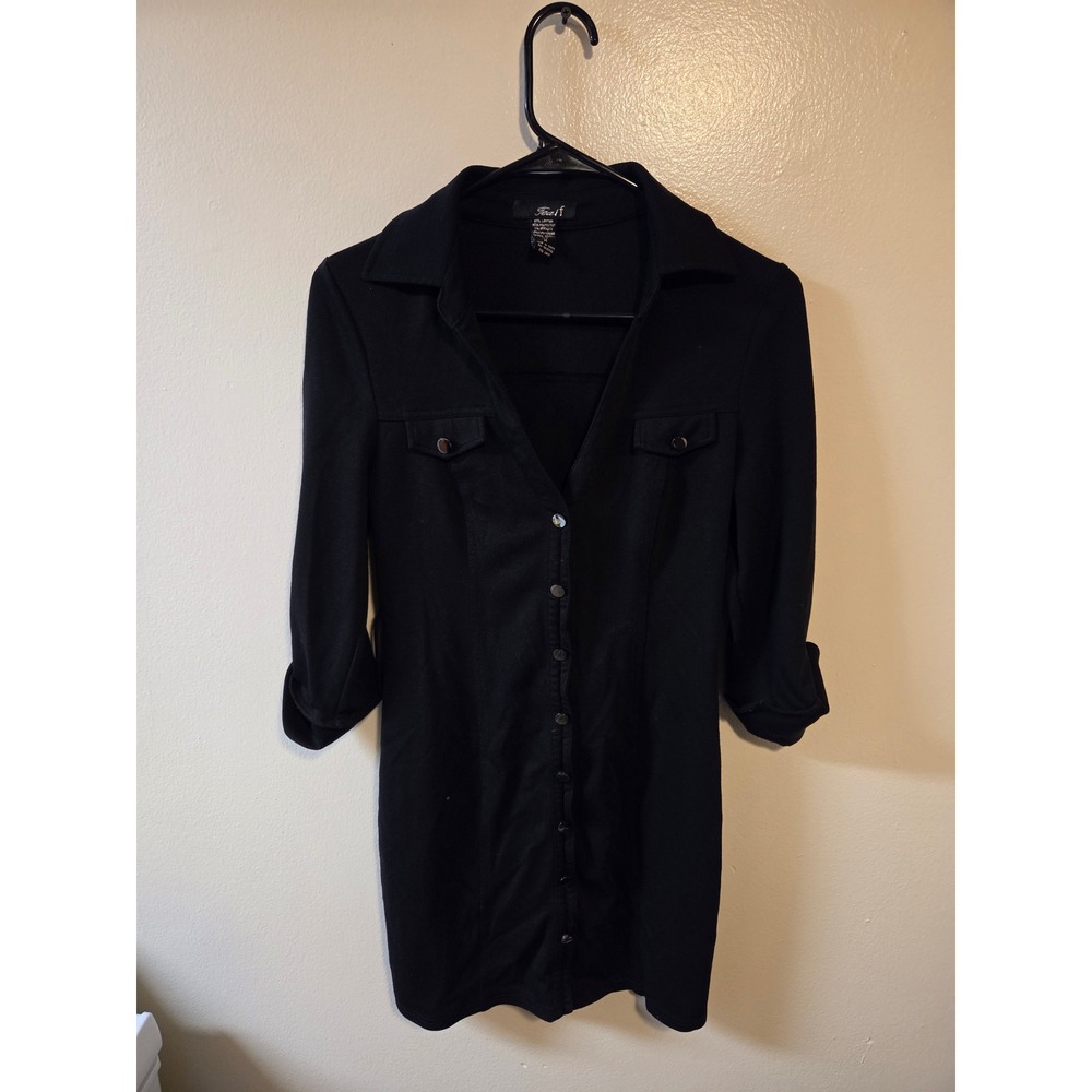 Teeze Me Black Button Front Shirt Dress 3/4 Sleeve Collared Mini D10198B M